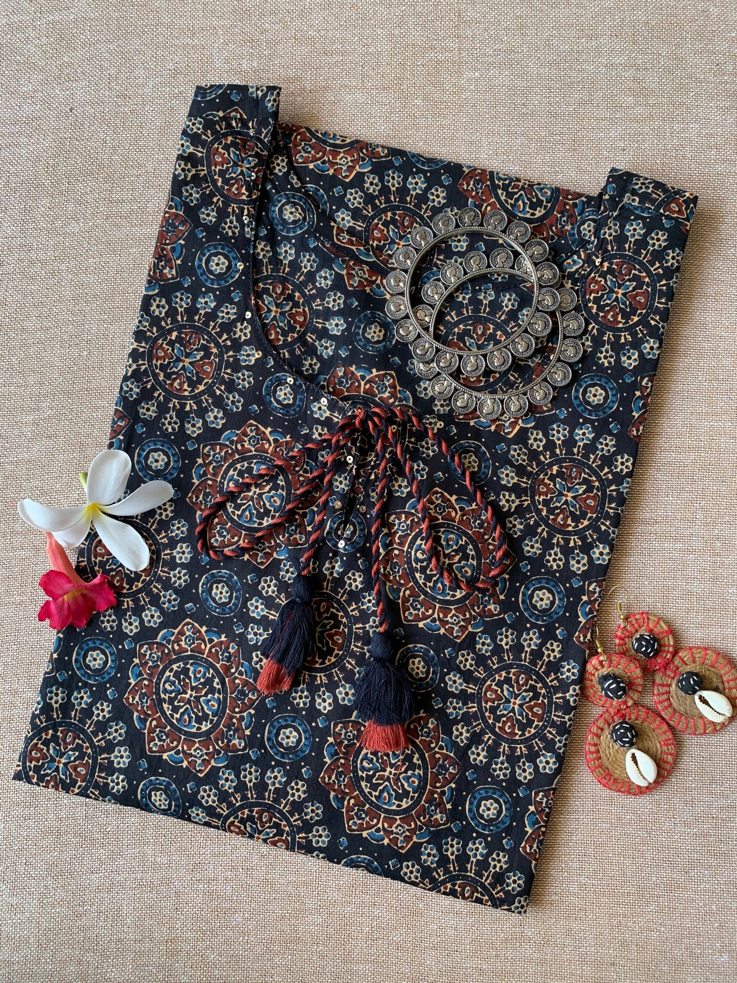"Chakra" Ajrakh Tassel Cotton Kurta