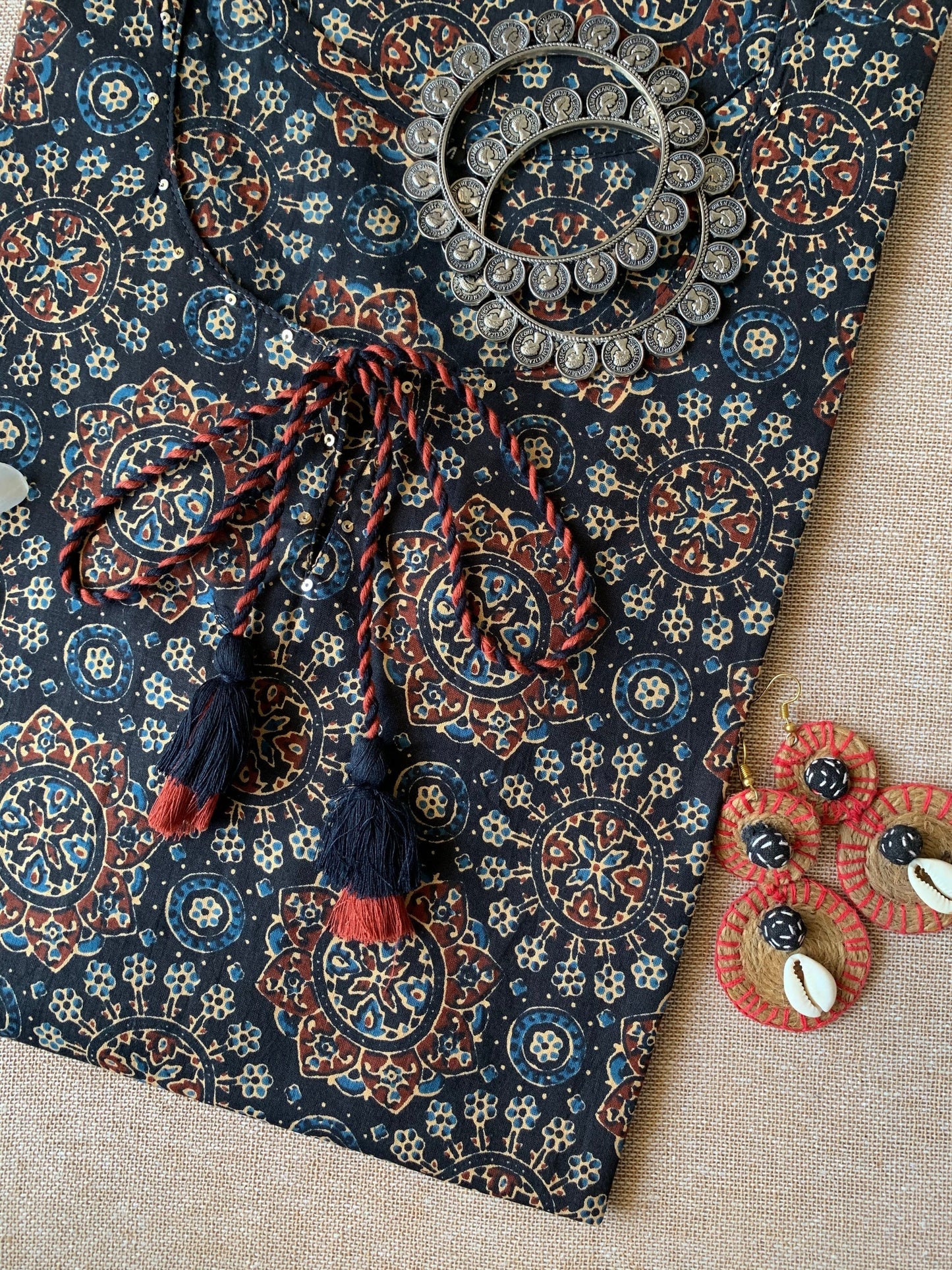 "Chakra" Ajrakh Tassel Cotton Kurta