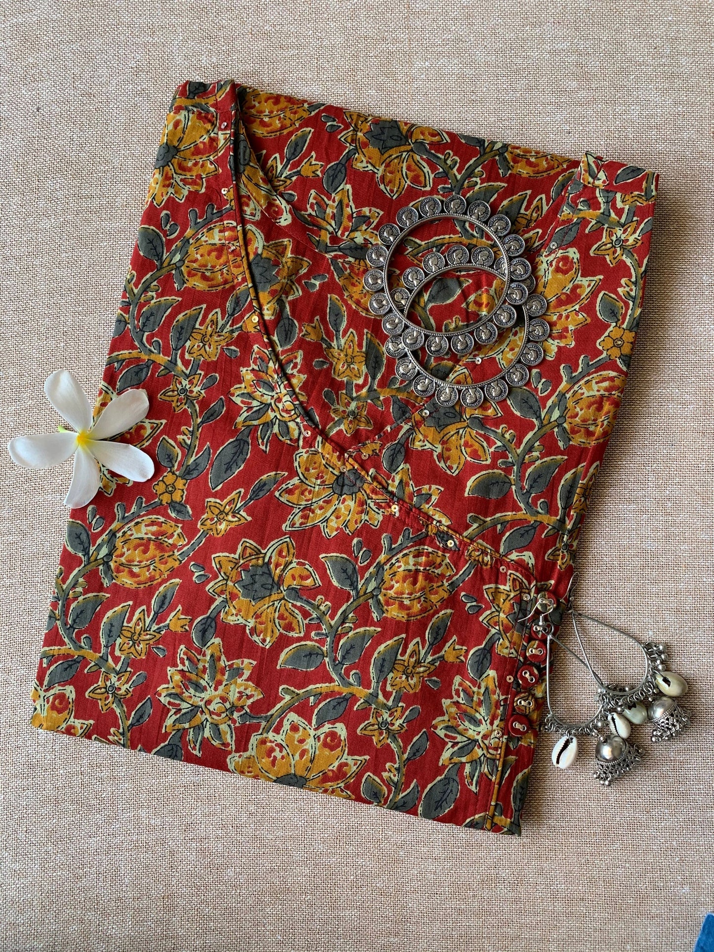 "Crimson" Flora Angrakha Cotton Kurta