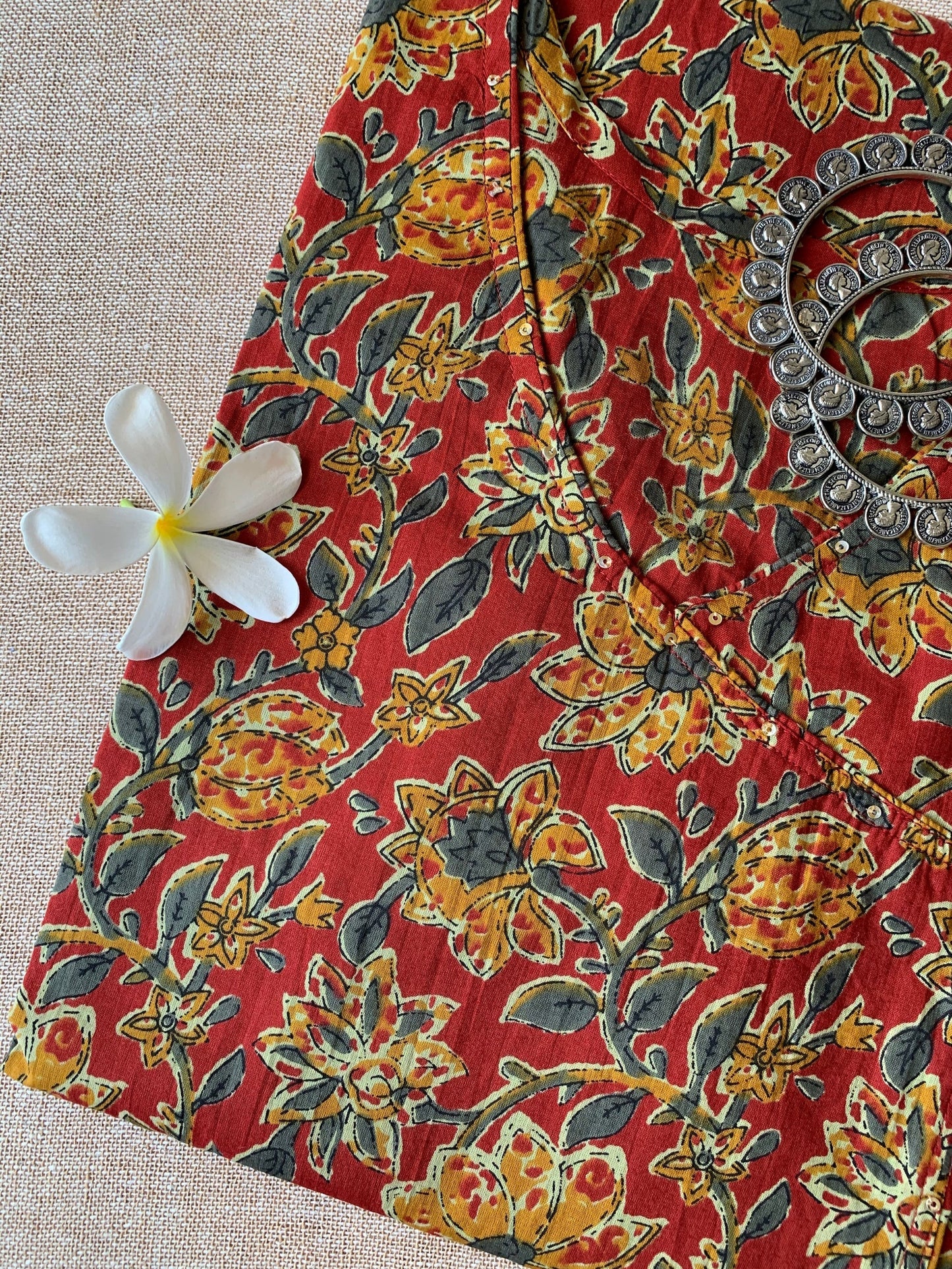 "Crimson" Flora Angrakha Cotton Kurta