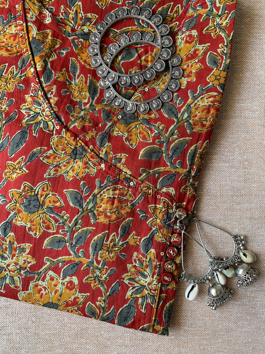 "Crimson" Flora Angrakha Cotton Kurta