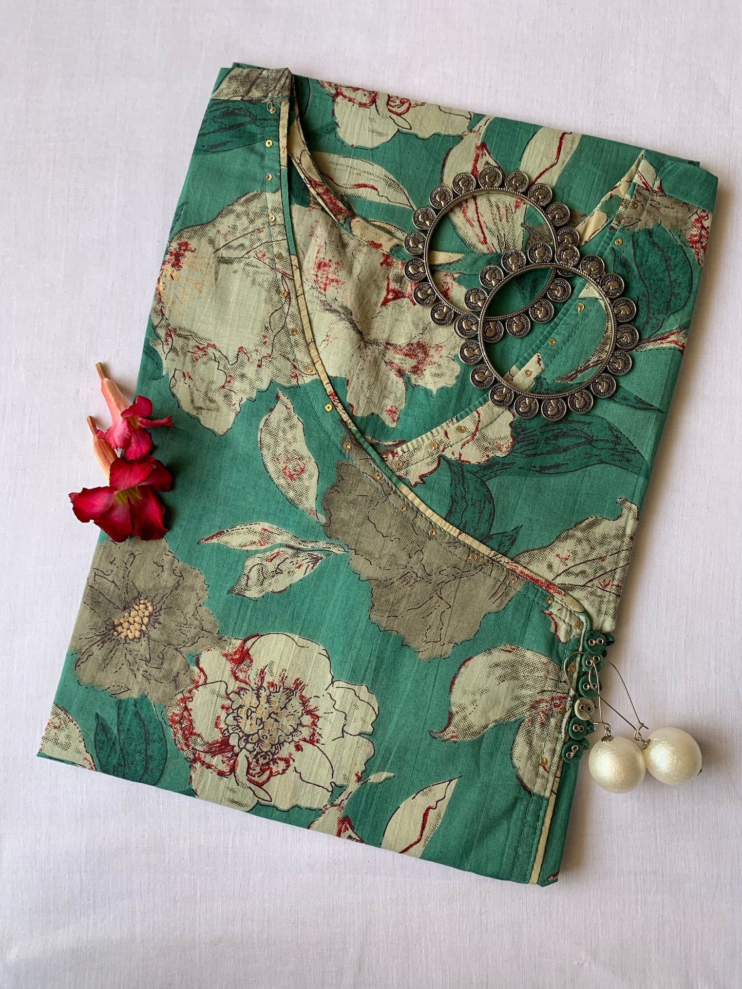 "Gulnaar" Green Angrakha Cotton Kurta