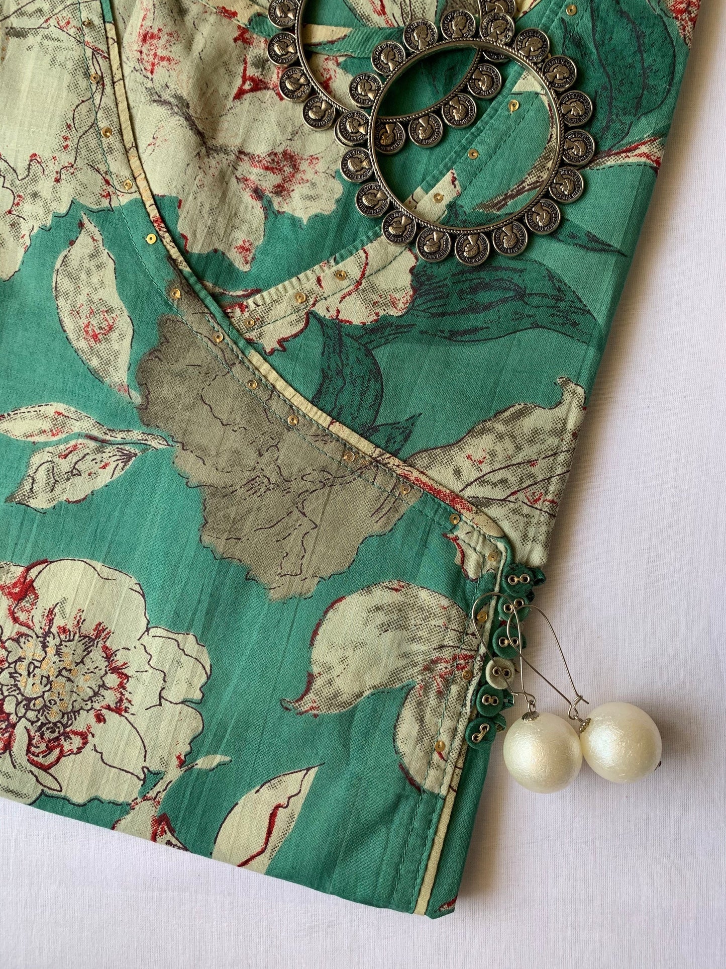 "Gulnaar" Green Angrakha Cotton Kurta